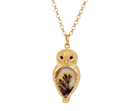 Lunar Rain Dendritic Agate Wise Owl Pendant Necklace