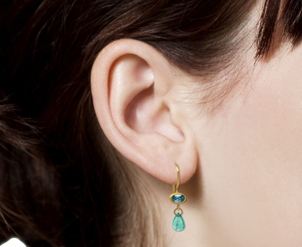 Blue Zircon and Emerald Briolette Apple and Eve Earrings
