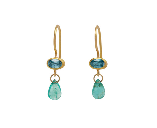 Blue Zircon and Emerald Briolette Apple and Eve Earrings