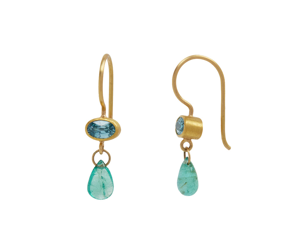 Blue Zircon and Emerald Briolette Apple and Eve Earrings