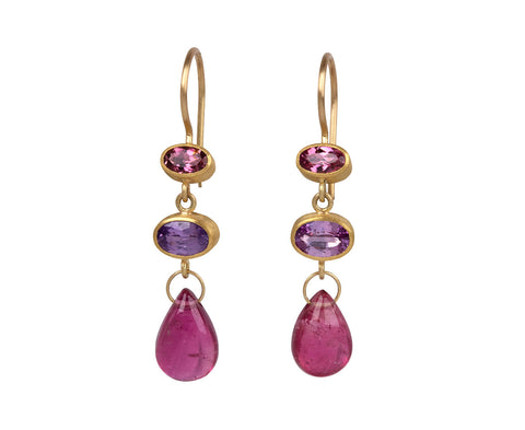 Three Tiered Pink Tourmaline and Sapphire Earrings