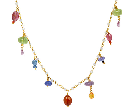 Pearl and Multi Gem Fringe Necklace