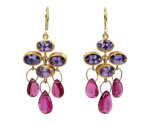 Purple Sapphire and Pink Tourmaline Briolette Trapeze Earrings