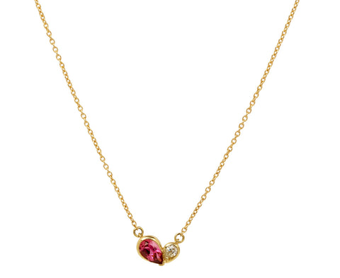 Mini Pink Tourmaline and Diamond Duo Heart Necklace