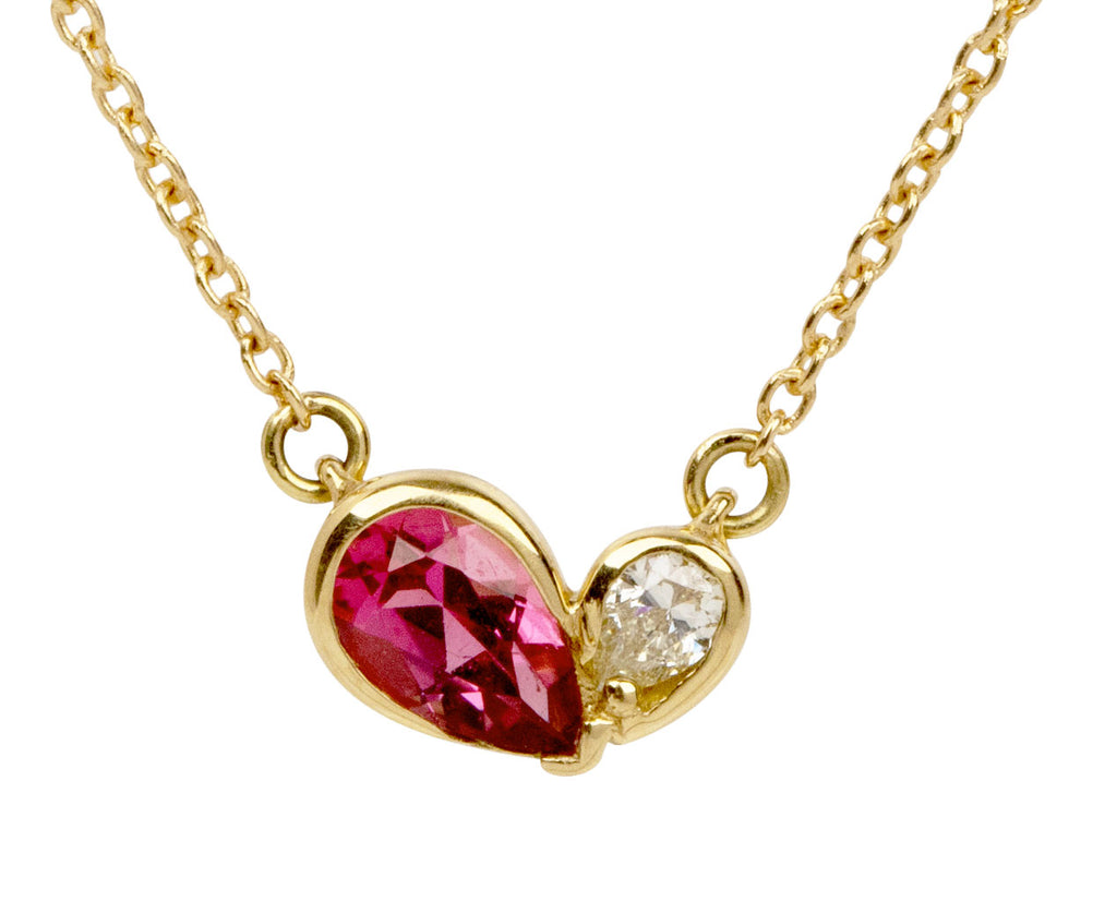 Mini Pink Tourmaline and Diamond Duo Heart Necklace