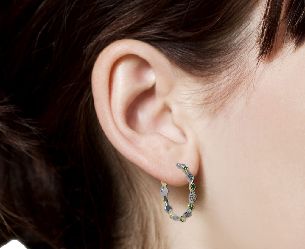 Pascale Monvoisin Ava Diamond and Emerald Hoop Earrings - Profile Closeup