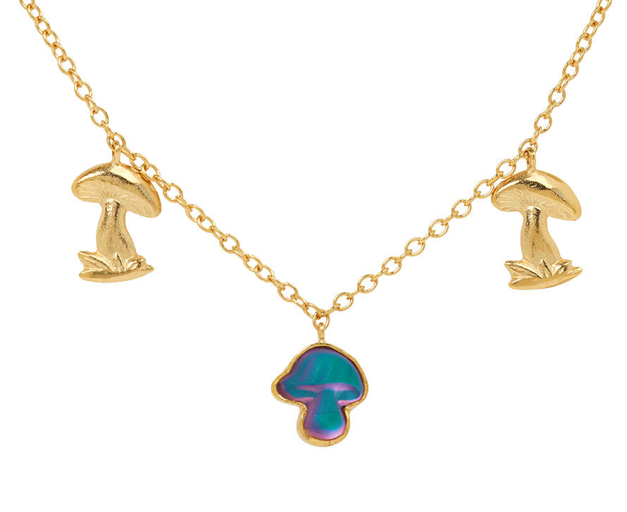 Grainne Morton Five Mini Mushroom Charm Necklace - Closeup
