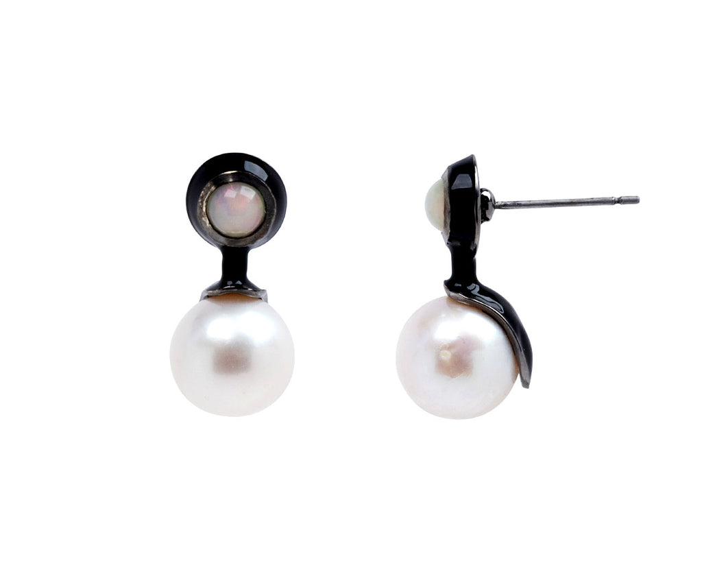 Nak Armstrong Nakard Pearl and Ethiopian Opal Sconce Earrings - Closeup