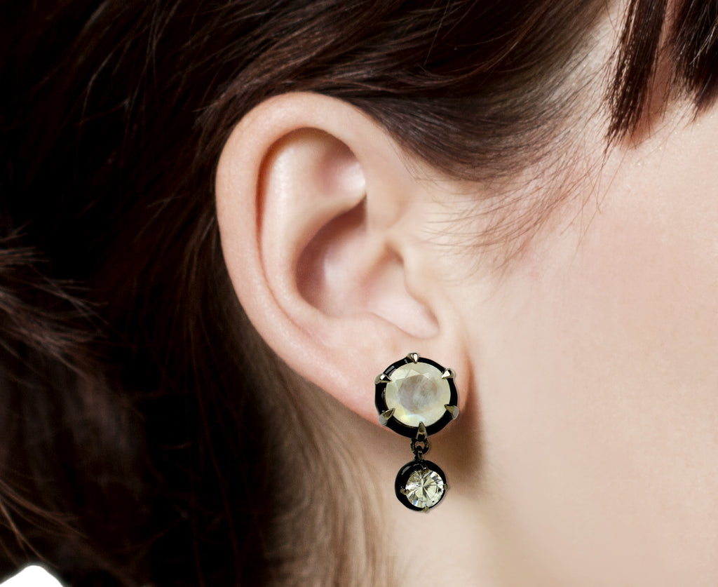 Nak Nakard Armstrong Rainbow Moonstone and White Zircon Spyglass Earrings - profile closeup