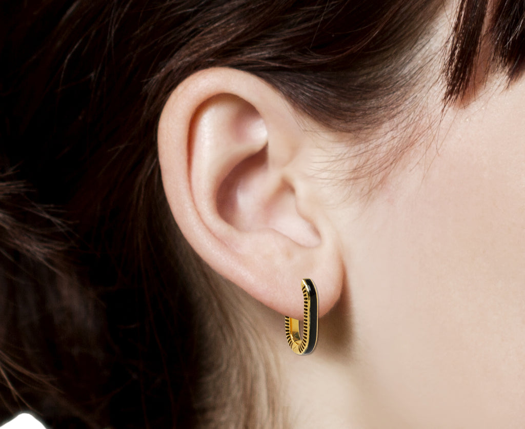 L'Atelier Nawbar Black Onyx and Diamond Lock Ray 1 Hoop Earrings - profile closeup