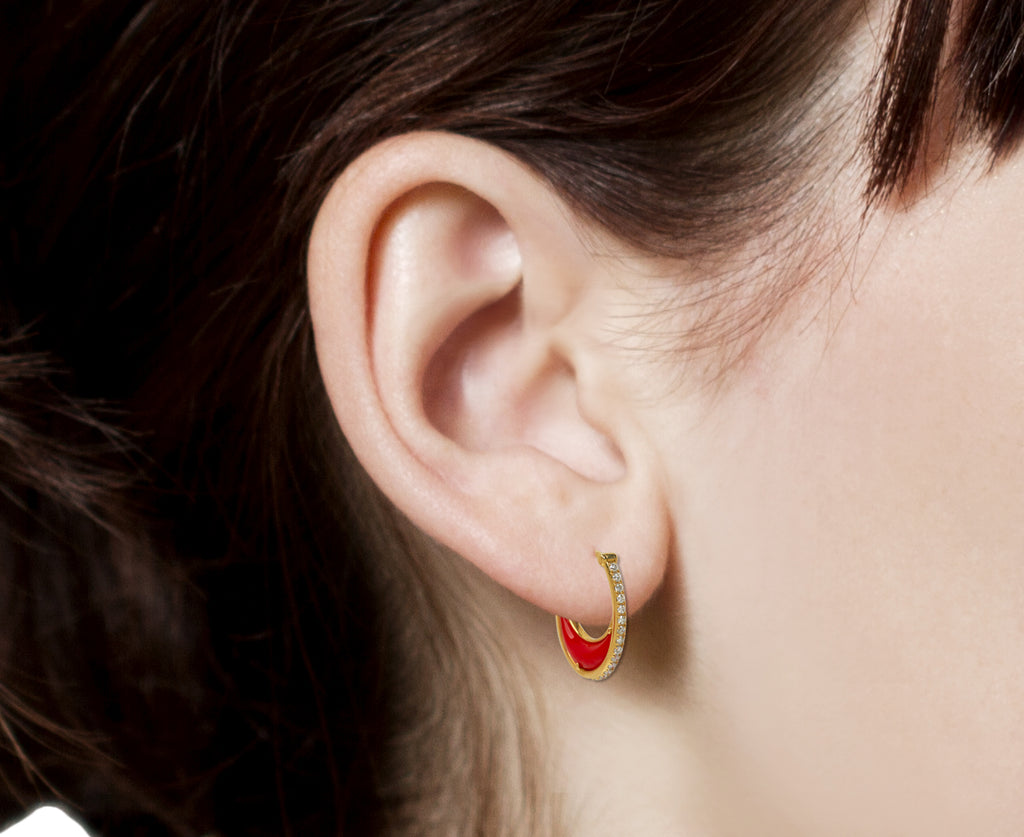 L'Atelier Nawbar Coral and Diamond Bloop Moon 2 Hoop Earrings - profile closeup
