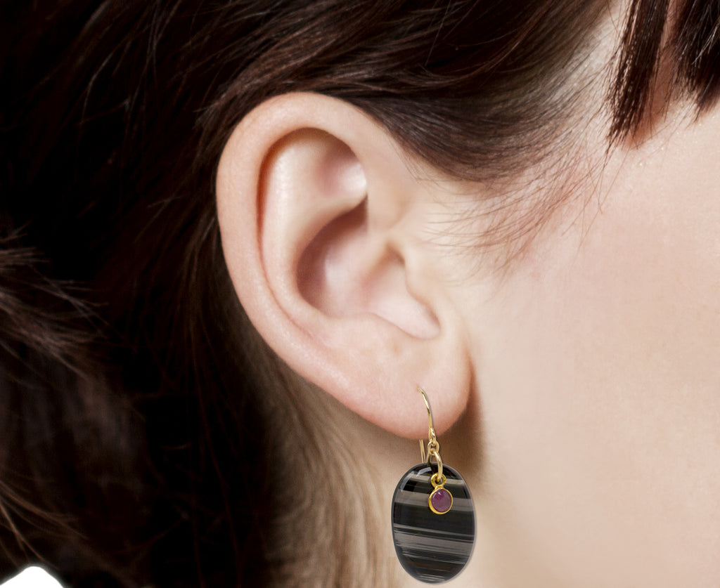 Margaret Solow Lace Obsidian and Ruby Earrings - profile closeup