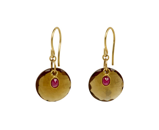 Margaret Solow Cognac Quartz and Ruby Earrings