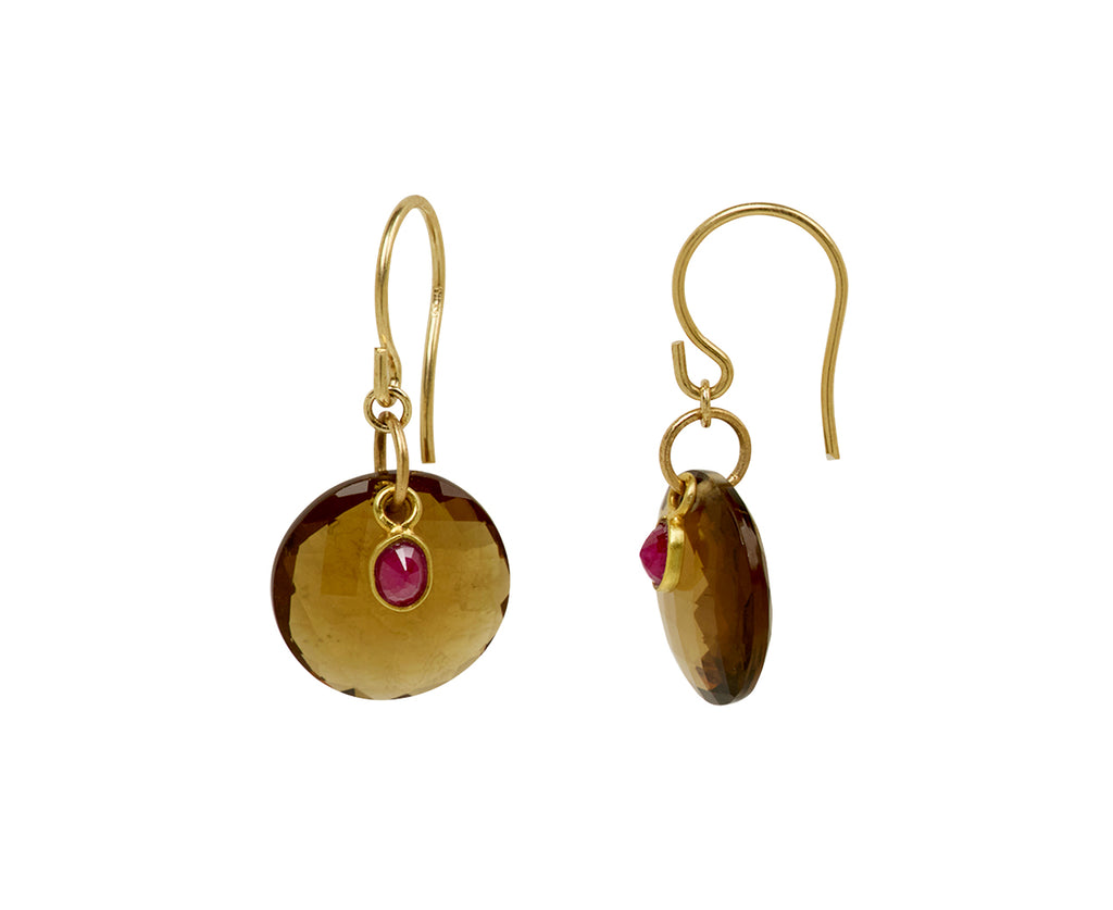 Margaret Solow Cognac Quartz and Ruby Earrings - Side