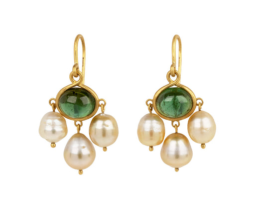 Green Tourmaline and Golden Pearl Unda Earrings