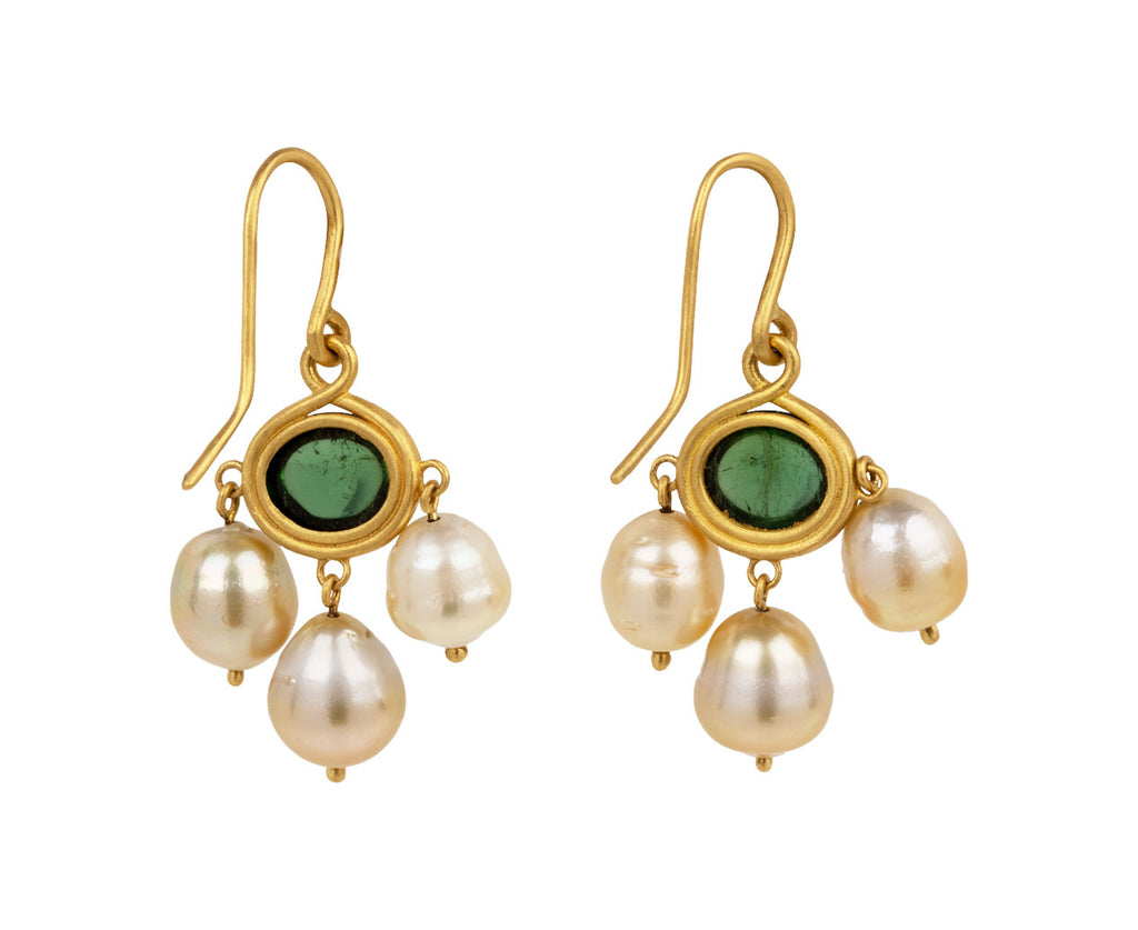 Green Tourmaline and Golden Pearl Unda Earrings