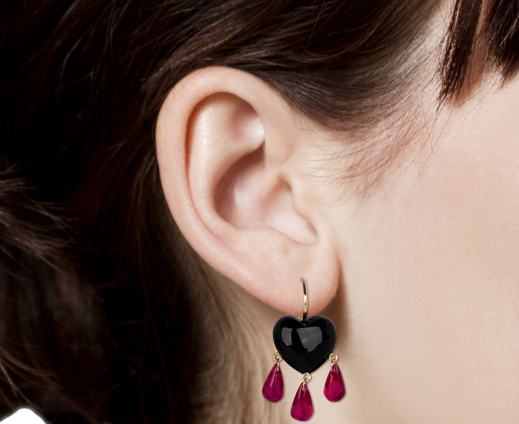 Rachel Quinn Black Onyx and Ruby Bleeding Heart Earrings Close Up Profile