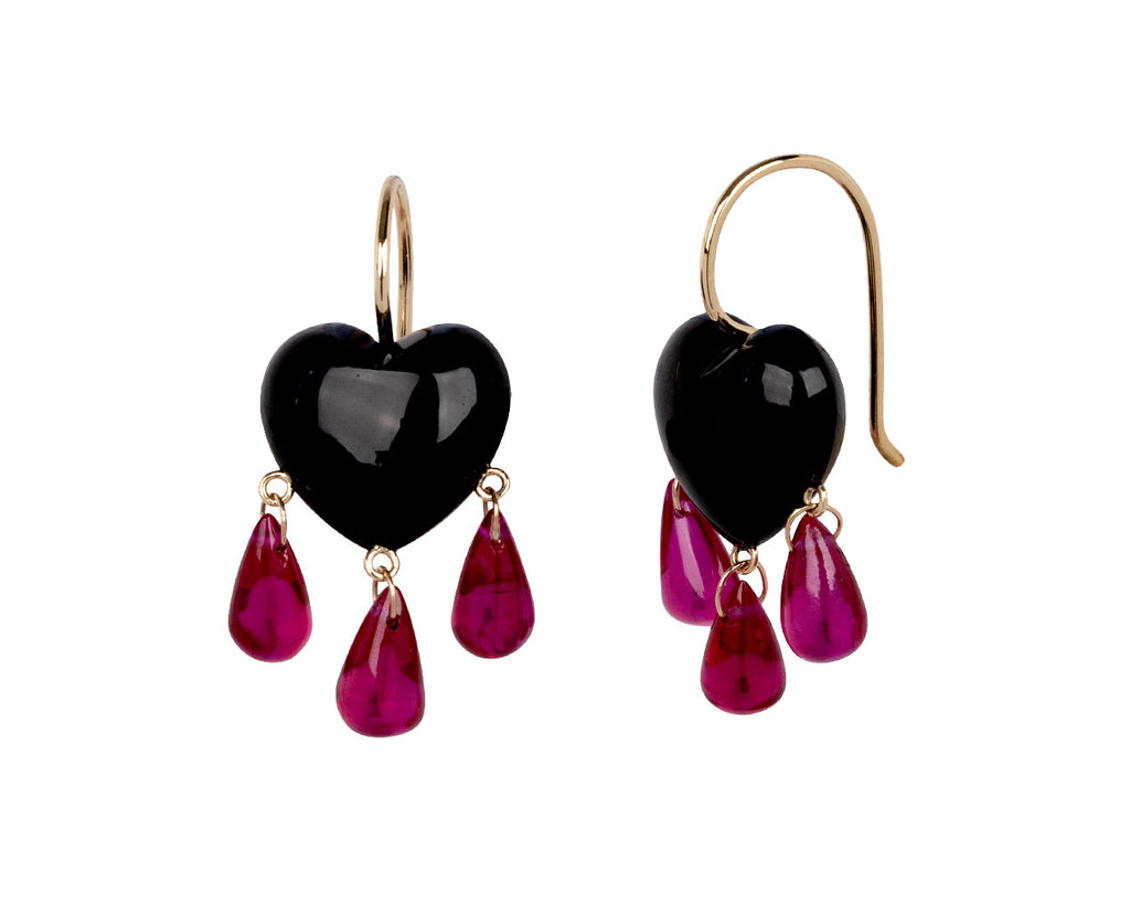 Rachel Quinn Black Onyx and Ruby Bleeding Heart Earrings Side View
