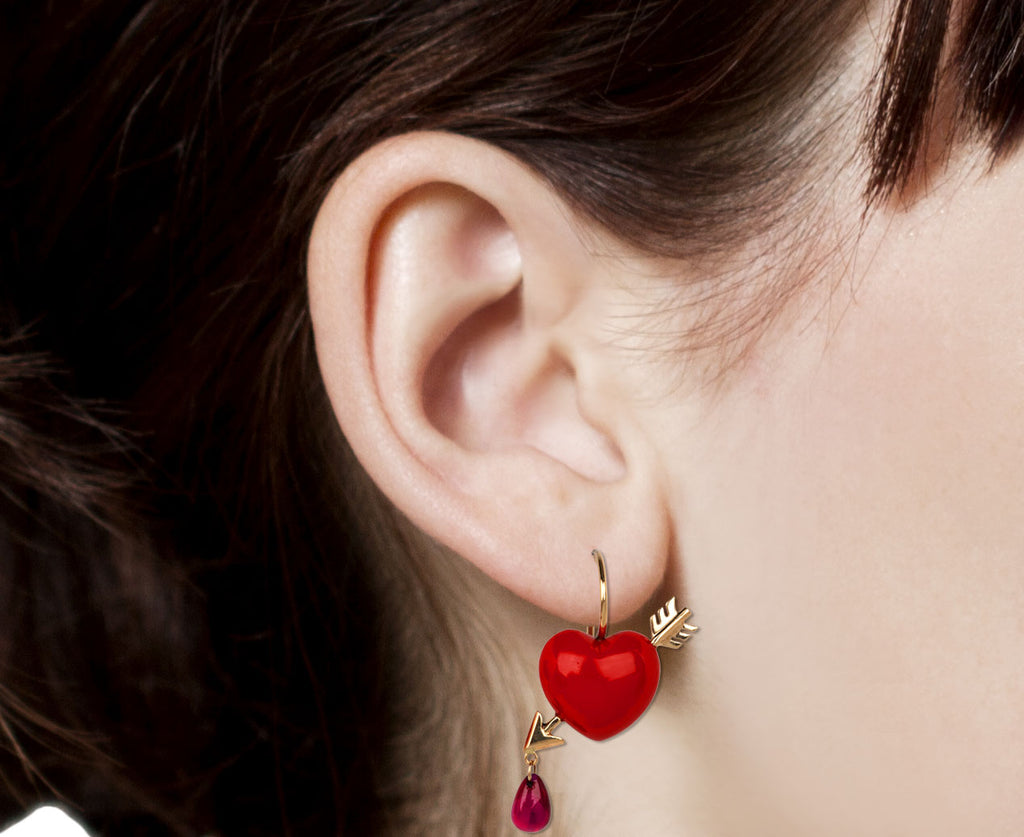 Rachel Quinn Coral Cupids Arrow Earrings Close Up Profile