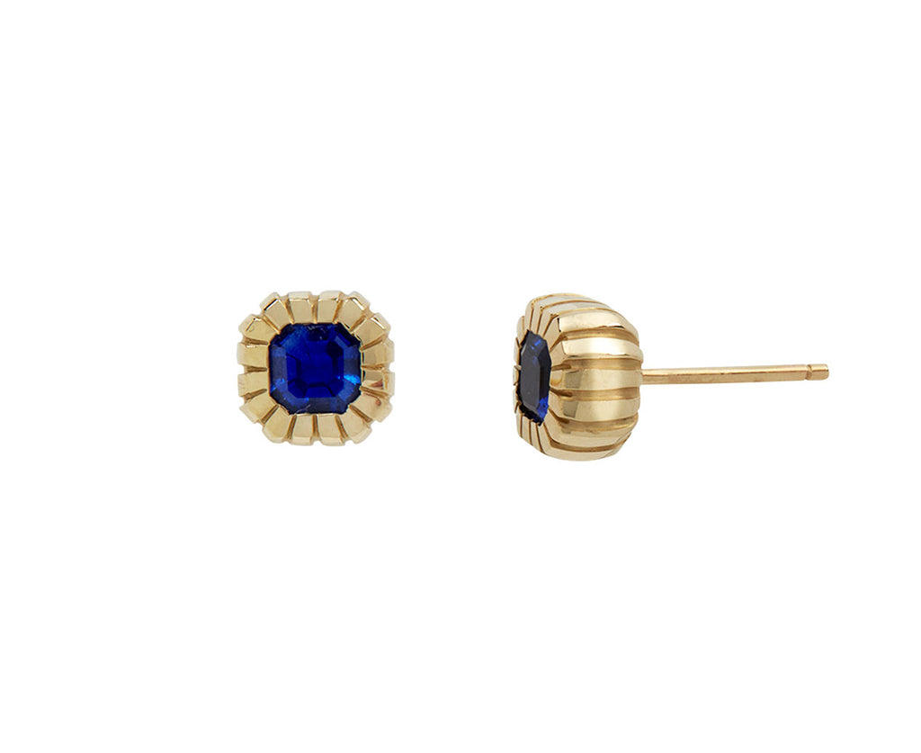 Asscher Cut Blue Sapphire Heirloom Bezel Stud Earrings