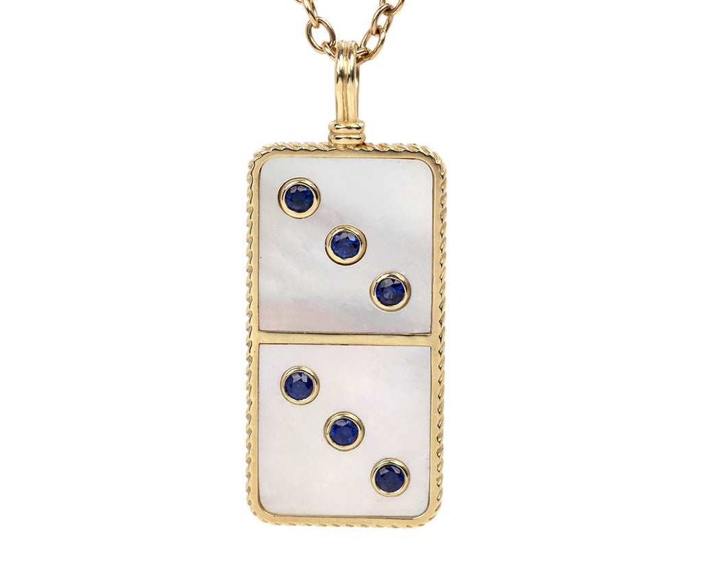 Retrouvai Classic Mother-of-Pearl and Blue Sapphire Domino Pendant Necklace Close Up