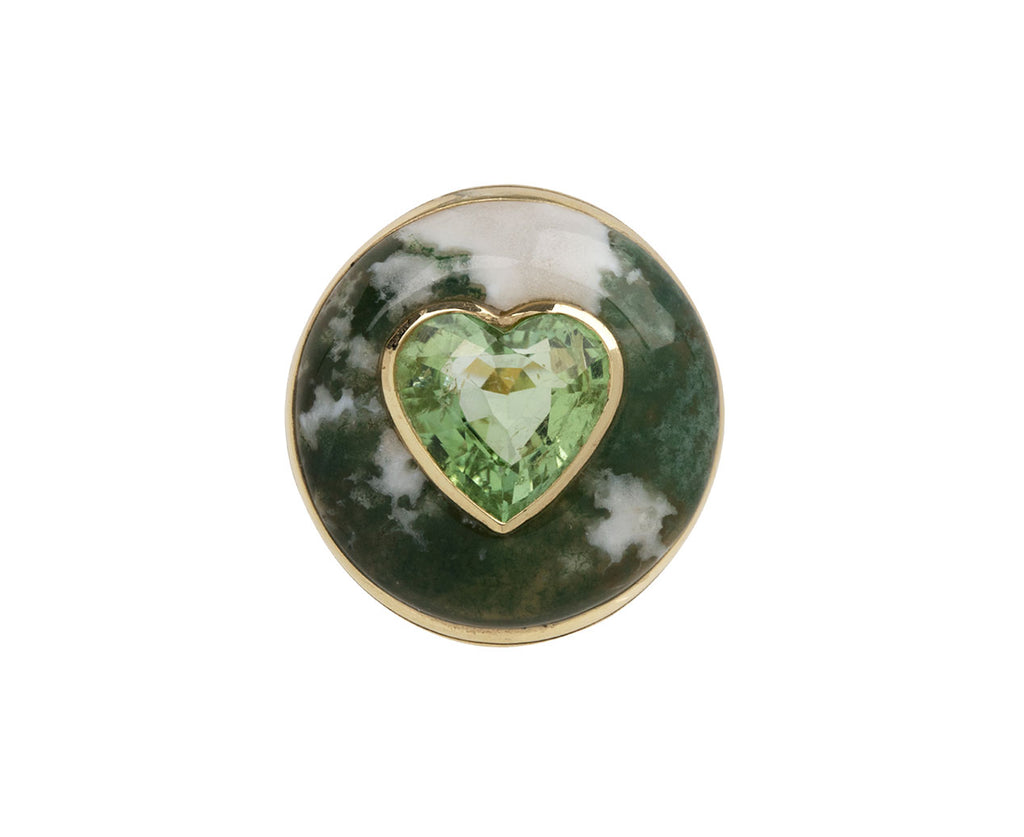 Spotted Green Agate and Green Tourmaline Heart Lollipop Ring