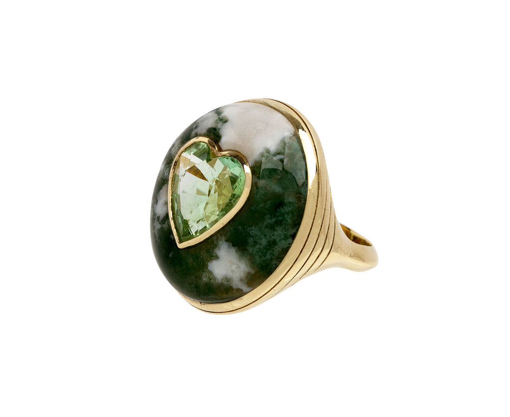 Spotted Green Agate and Green Tourmaline Heart Lollipop Ring