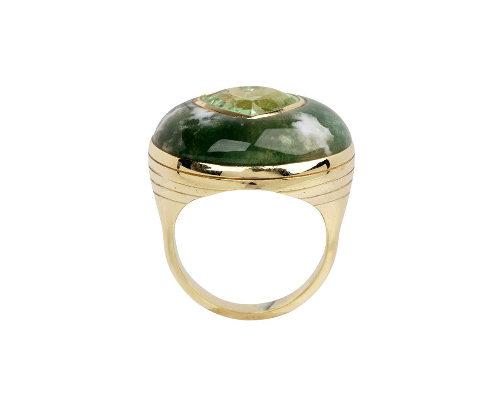 Spotted Green Agate and Green Tourmaline Heart Lollipop Ring