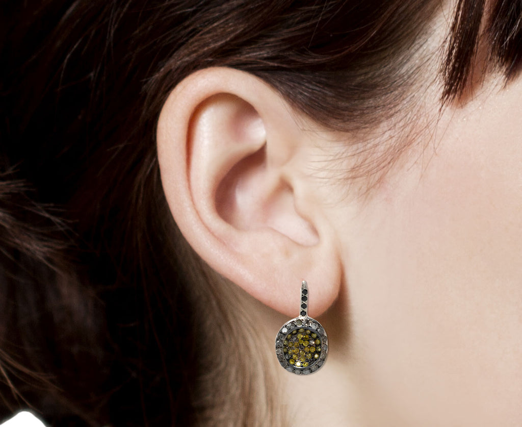 Rosa Maria Icy Grey, Black and Yellow Diamond Earrings - Profile Closeup