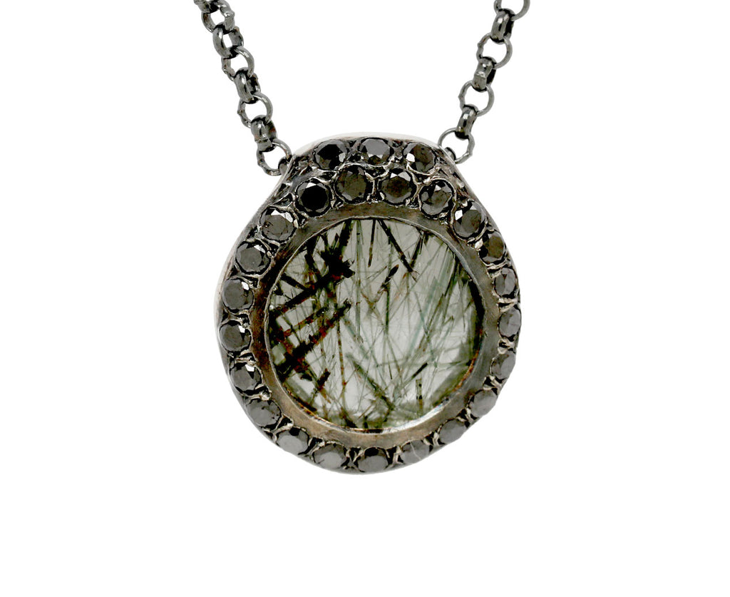 Rosa Maria Green Rutilated Quartz and Black Diamond PE Pendant Necklace - closeup