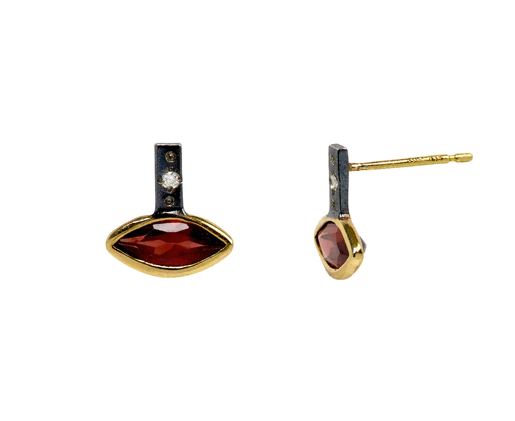 Rusty Thought Mixed Metal Garnet and Diamond Stud Earrings - Side View