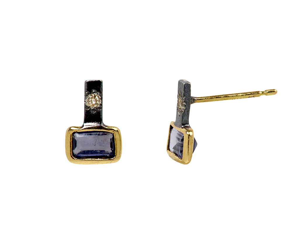 Rusty Thought Mixed Metal Iolite and Diamond Stud Earrings - Side View