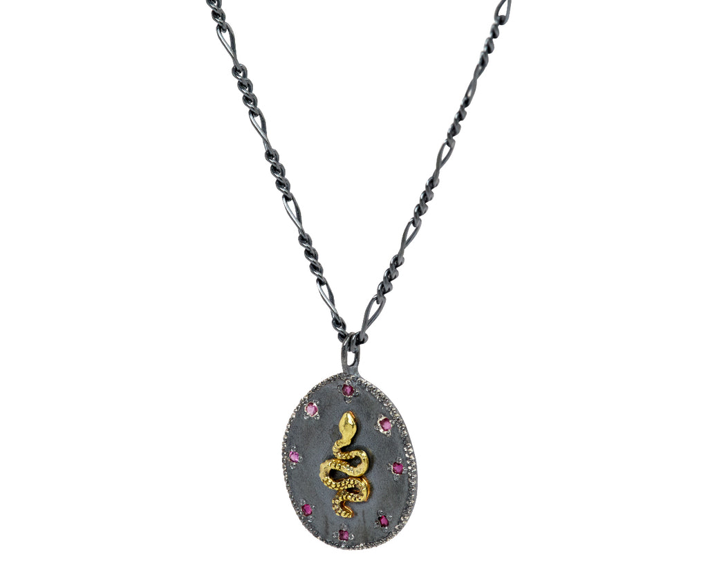 Rusty Thought Mixed Metal and Ruby Pendant Necklace - Closeup
