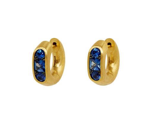 Small Blue Sapphire Keystone Huggie Earrings - TWISTonline 