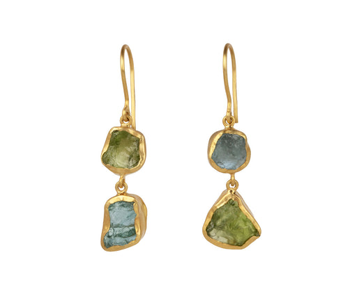 Uncut Aquamarine and Uncut Peridot Double Drop Earrings