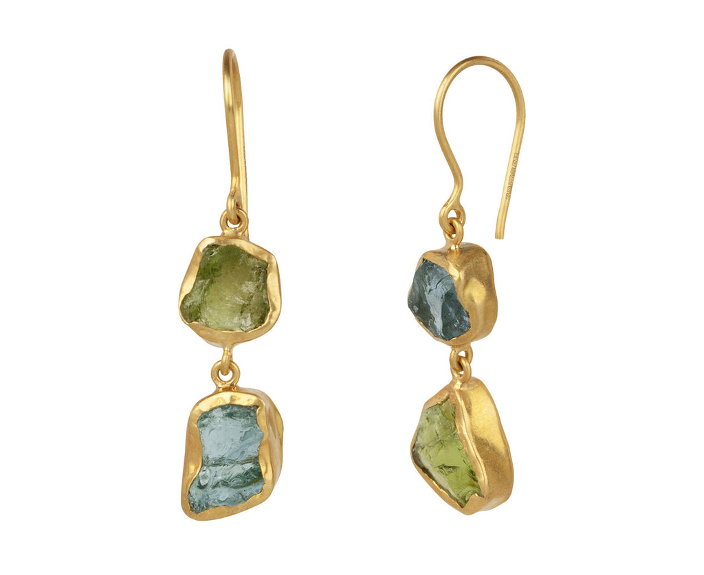 Uncut Aquamarine and Uncut Peridot Double Drop Earrings