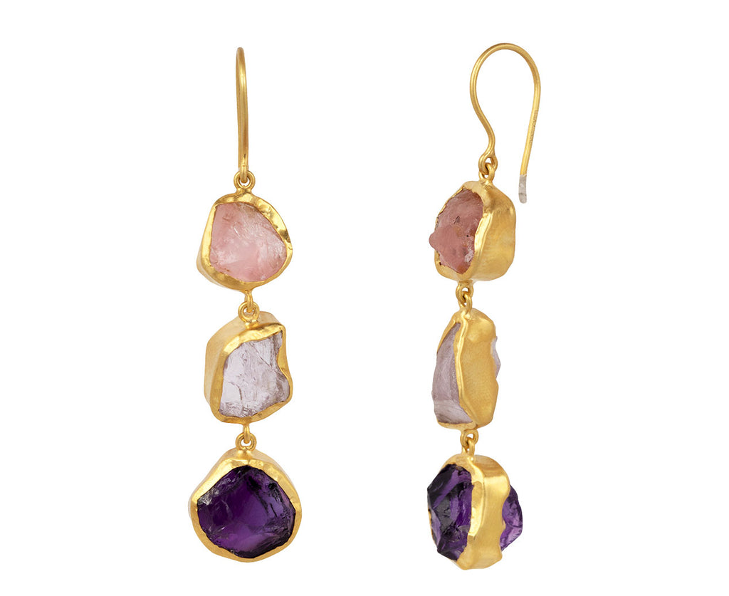 Rose Quartz, Kunzite and Amethyst Metamorphic Triple Drop Earrings