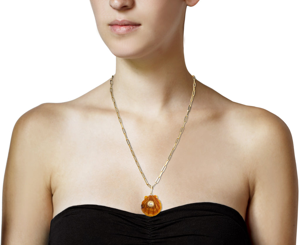 Brown Agate and Diamond Sunburst Scallop Shell Pendant ONLY