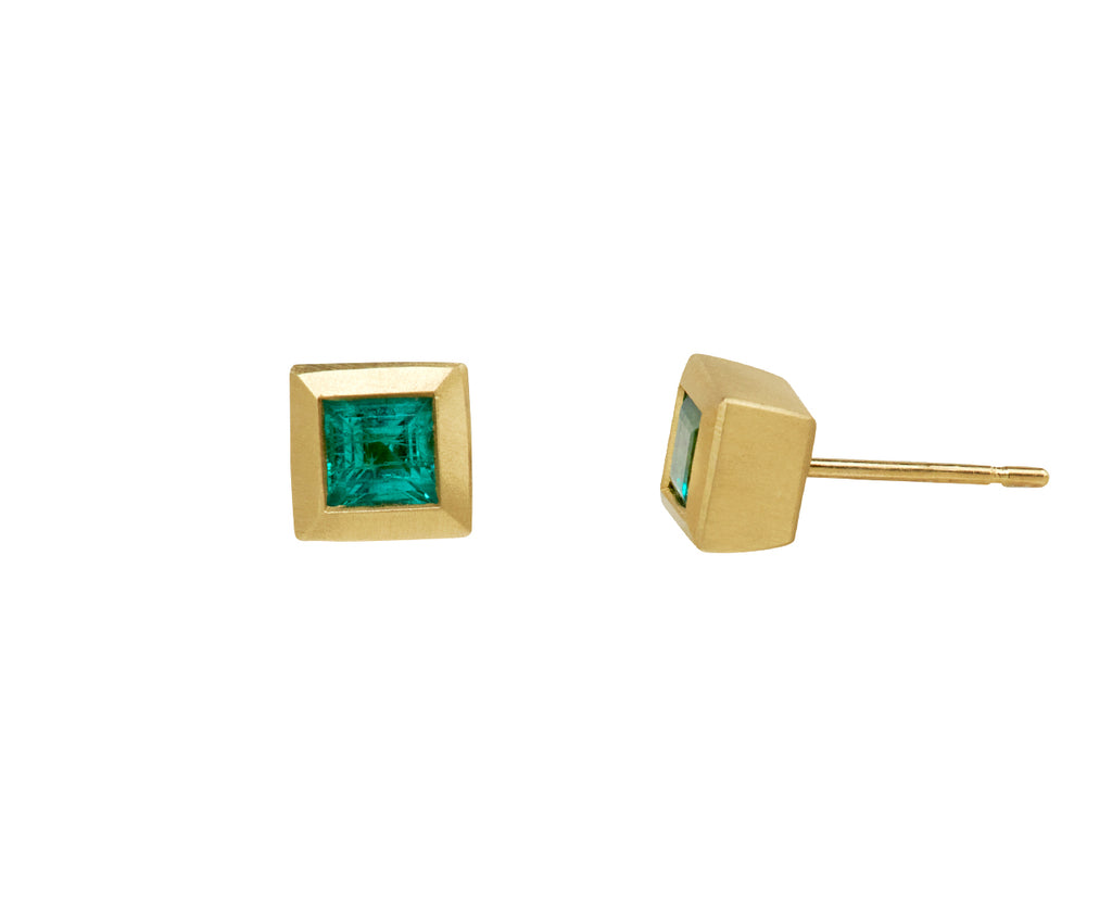Elizabeth Street Princess Cut Emerald Stud Earrings - Side View