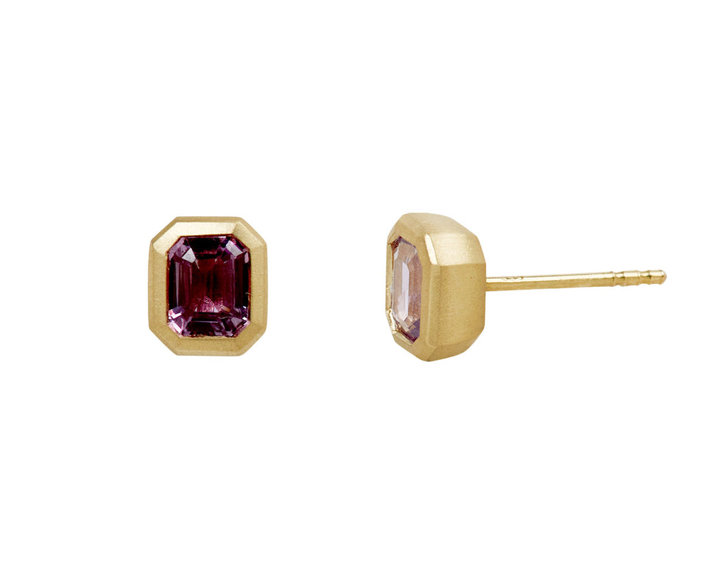 Elizabeth Street Mismatched Plum and Lavendar Sapphire Stud Earrings - side