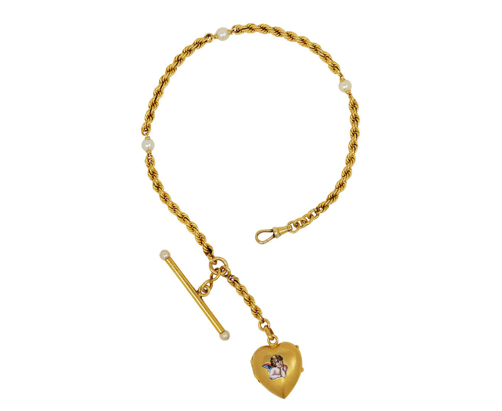 Antique French Pearl Rope Chain with Cherub Heart Locket