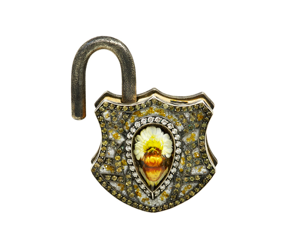 Carved Quartz Bee and Sunflower Large Shield Padlock Pendant ONLY - TWISTonline 