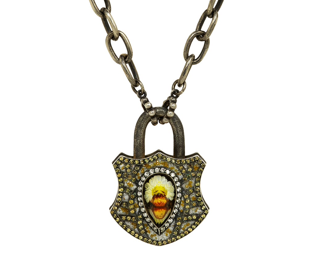 Carved Quartz Bee and Sunflower Large Shield Padlock Pendant ONLY - TWISTonline 