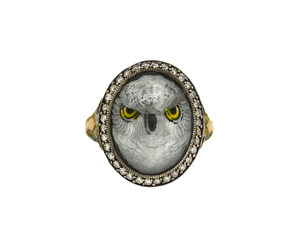Carved Owl Diamond and Tanzanite Ring