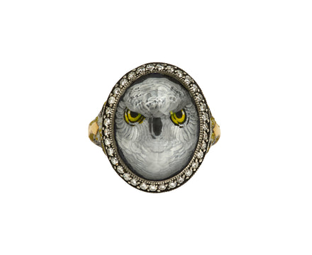Carved Owl Diamond and Tanzanite Ring