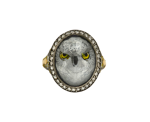 Carved Owl Diamond and Tanzanite Ring