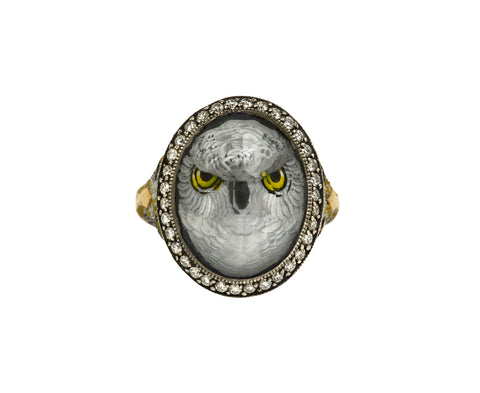 Carved Owl Diamond and Tanzanite Ring
