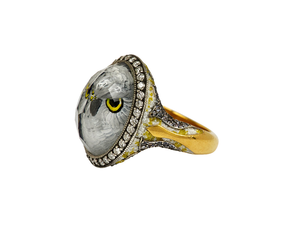 Carved Owl Diamond and Tanzanite Ring