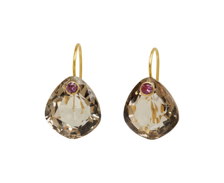 Smoky Quartz and Pink Sapphire Irregular Gem Earrings