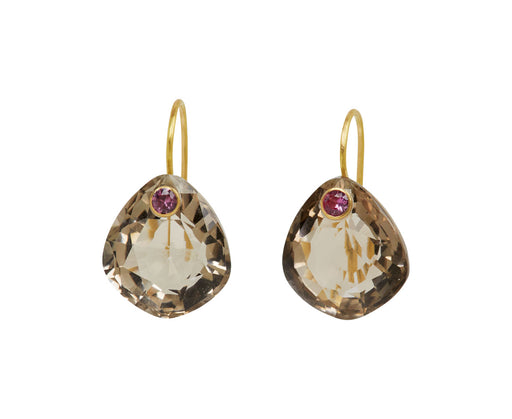 Smoky Quartz and Pink Sapphire Irregular Gem Earrings
